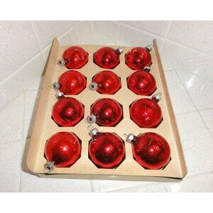 Vintage Rauch 12 Red Ball Christmas Ornaments open box no lid glass